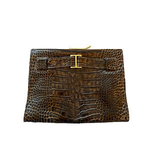 ABAS Women Brown Snake Print Croc Leather Embossed Gold Tone Frame Clutch 10"x7"